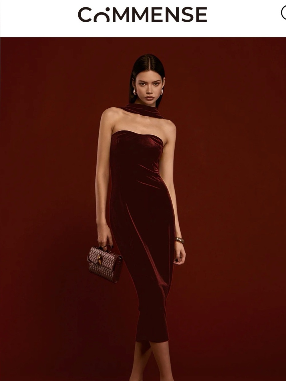 Commense Strapless Velvet Midi Dress in Burgundy